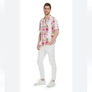 Favant Plumeria Panel Comfortable Pink Hibiscus Vine White Hawaiian Shirt